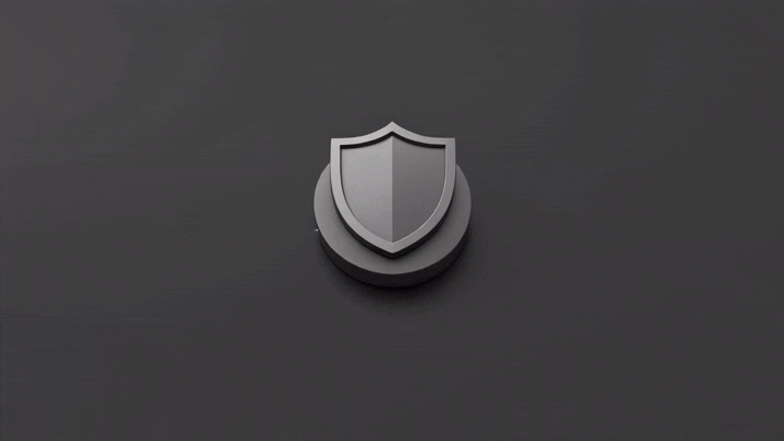 Animated 3D graphic of a shield icon connected to security-related icons including a lock, envelope, heart, checkmark, chart, and camera