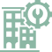 Home 50 Teal icon of a building with a gear symbol representing facility operations