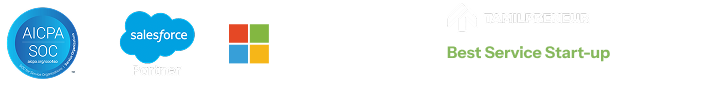 Row of certification and award logos: AICPA SOC, Salesforce Partner, Microsoft Solutions Partner, and Tamilpreneur Best Service Start-up award