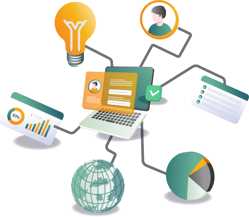 Illustration of a laptop connected to icons for ideas, user profile, analytics, reports, checklist, globe, and pie chart representing a digital workflow