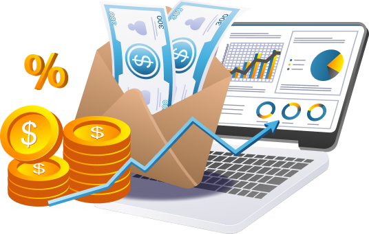 Illustration of an envelope with cash, coins, a percent symbol, and a laptop showing a growth chart and analytics dashboard