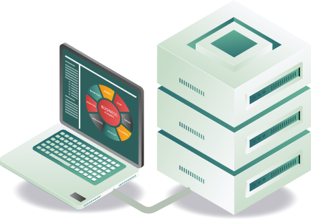 Isometric illustration of a laptop displaying a business planning wheel connected to a server stack