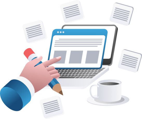 Illustration of a hand pointing a pencil at a laptop screen surrounded by floating document pages and a coffee cup