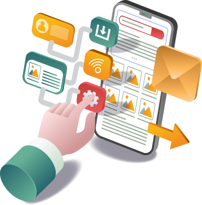 Illustration of a hand tapping a smartphone surrounded by app icons for photos, messages, contacts, settings, and wifi