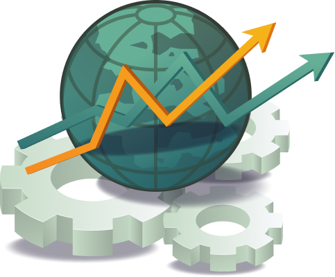 Illustration of a globe with upward trending arrows and gears representing global business growth