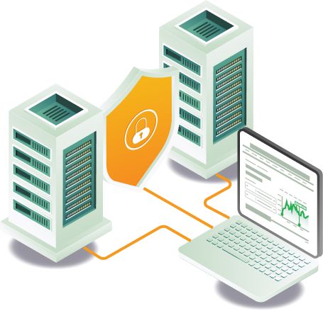Isometric illustration of data center server racks protected by an orange security shield with a lock, connected to a laptop showing analytics