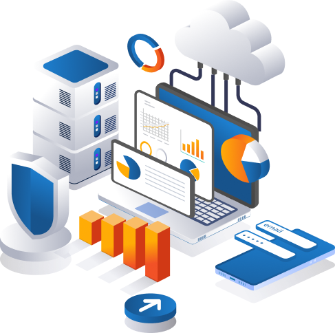 Isometric illustration of data servers, a security shield, a laptop with charts, bar graphs, a cloud, and mobile devices representing a technology dashboard