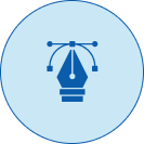 Blue circular icon with a pen tool symbol