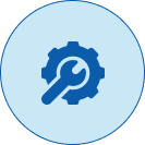 Blue circular icon with a gear and wrench symbol