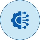 Blue circular icon with a gear and connected nodes symbol
