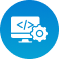 Blue circular icon with a document and code symbol