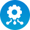 Blue circular icon with a gear and flower symbol