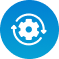 Blue circular icon with a refresh and gear symbol
