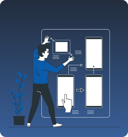 Illustration of a person standing beside phone screens showing a mobile app design workflow with editing tools