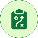 Light green circular icon with a dark green clipboard and target symbol