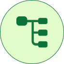 Light green circular icon with a dark green workflow branch diagram symbol