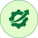 Light green circular icon with a dark green gear and upward arrow symbol
