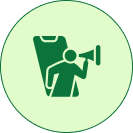 Light green circular icon with a dark green person pointing at a target symbol