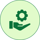 Light green circular icon with a dark green gear above an open hand symbol