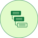 Light green circular icon with overlapping dark green message cards symbol