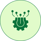 Light green circular icon with a dark green gear and connected network nodes symbol