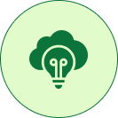 Light green circular icon with a dark green cloud and lightbulb symbol