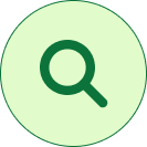 Light green circular icon with a dark green magnifying glass symbol