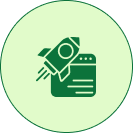 Light green circular icon with a dark green rocket launching from a document symbol