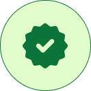 Light green circular icon with a dark green badge and checkmark symbol