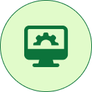 Light green circular icon with a dark green monitor and gear symbol