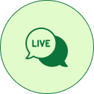 Light green circular icon with a dark green speech bubble reading LIVE symbol