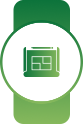 Green badge icon with a white circle containing a layout grid symbol
