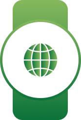 Green badge icon with a white circle containing a globe symbol
