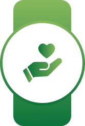 Green badge icon with a white circle containing a hand holding a heart symbol