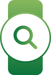 Green badge icon with a white circle containing a magnifying glass symbol