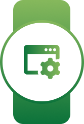 Green badge icon with a white circle containing a browser window and gear symbol