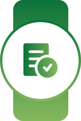 Green badge icon with a white circle containing a document and checkmark symbol