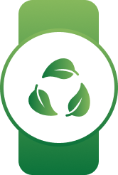 Green badge icon with a white circle containing a recycling leaves symbol