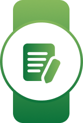 Green badge icon with a white circle containing a document and pencil symbol