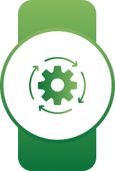 Green badge icon with a white circle containing a gear surrounded by process arrows symbol