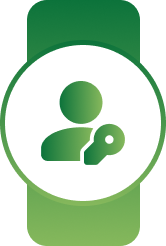 Green badge icon with a white circle containing a person and key symbol