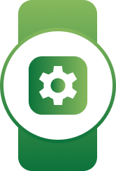 White circular badge on a green banner with a green gear and cursor symbol