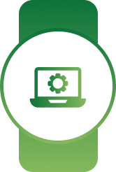 White circular badge on a green banner with a green laptop and gear symbol
