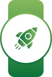 White circular badge on a green banner with a green rocket and cursor symbol