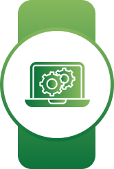 White circular badge on a green banner with a green laptop and gears symbol
