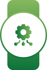 White circular badge on a green banner with a green gear connected to network node symbols