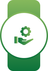 White circular badge on a green banner with a green gear and hand symbol