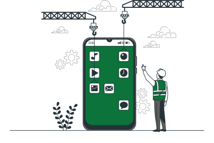 Illustration of a construction worker assembling app icons onto a large smartphone with cranes, representing mobile app development