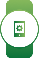 White circular badge on a green banner with a green mobile phone and gear symbol
