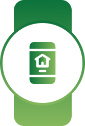 White circular badge on a green banner with a green mobile phone and home symbol